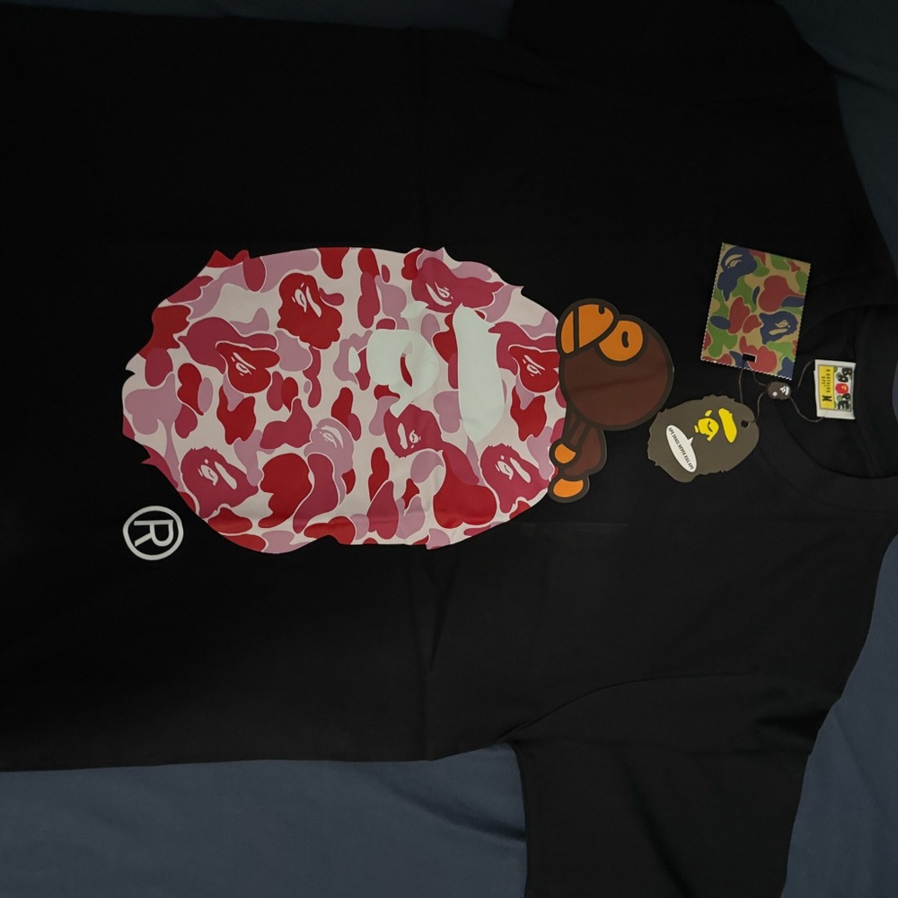 Bape Black Tee with Pink and Brown Graphic
